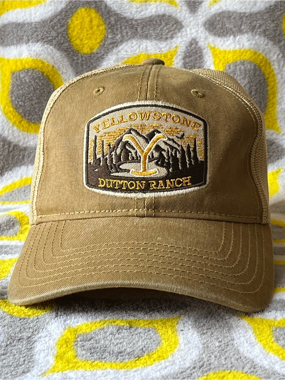 Yellowstone paramount network Dutton Ranch Patch Trucker Hat - Khaki & Yellow